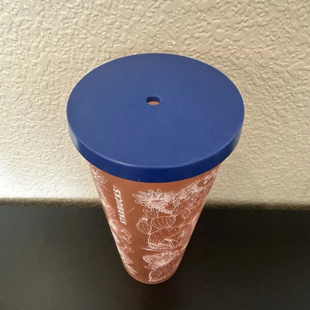 2019 Starbucks Coral Soft Touch Cactus 24 oz Tumbler Cup Blue Lid Collectible‎